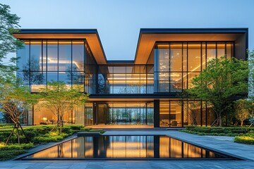 Fototapeta premium Modern glass house at dusk, reflecting in a tranquil water feature. Landscaped gardens surround the elegant structure.