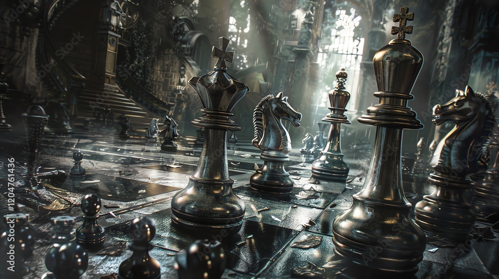 Poster 3d rendering of a chessboard with metal chess pieces. the chessboard is located in a dark andä¸‹é›¨ç