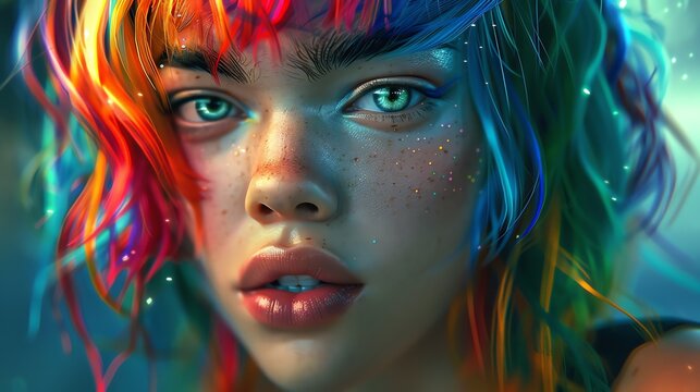 Portrait of a beautiful young woman with freckles and multi-colored hair. She is looking at the camera with her head tilted slightly to one side. - Powered by Adobe