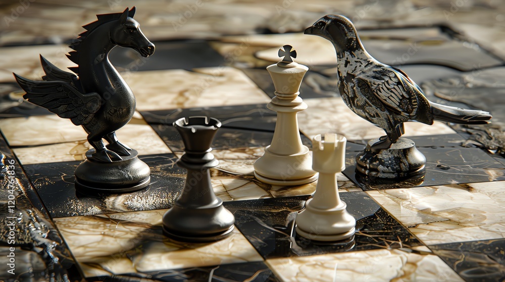 Poster 3d rendering of a chessboard with black and white chess pieces. the board is made of marble and the 