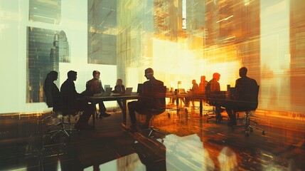 Fototapeta premium Silhouetted Businesspeople Meeting in Modern Cityscape Office