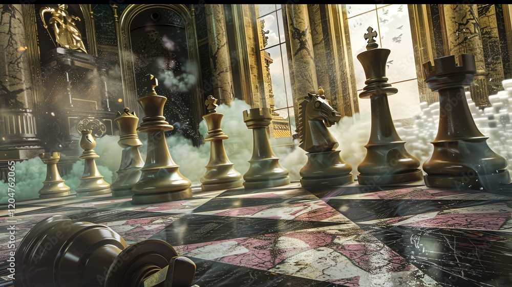 Poster 3d rendering of a chessboard with golden chess pieces. the chessboard is made of marble and has a bl