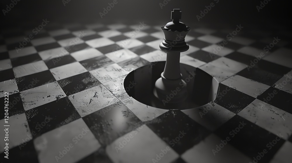 Poster 3d rendering of a chessboard with a single white king in the center.