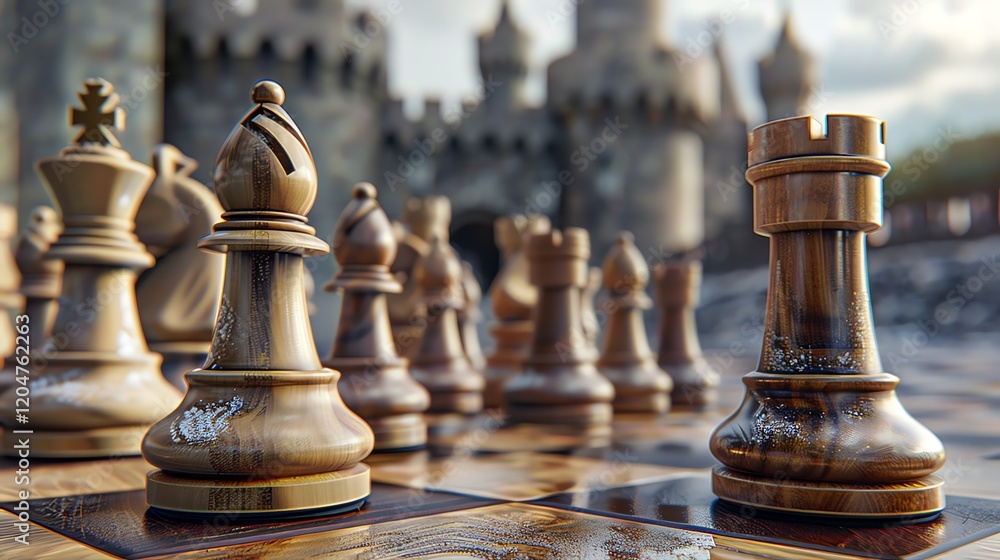 Poster the image is a 3d rendering of a chessboard with wooden pieces.