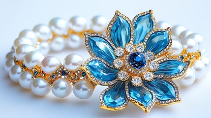 Fototapeta premium Elegant Pearl Bracelet with Blue Topaz Flower Brooch