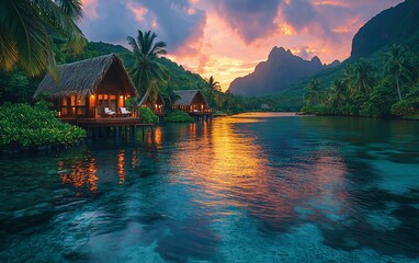 Fototapeta premium Sunset over water bungalows in tropical lagoon.