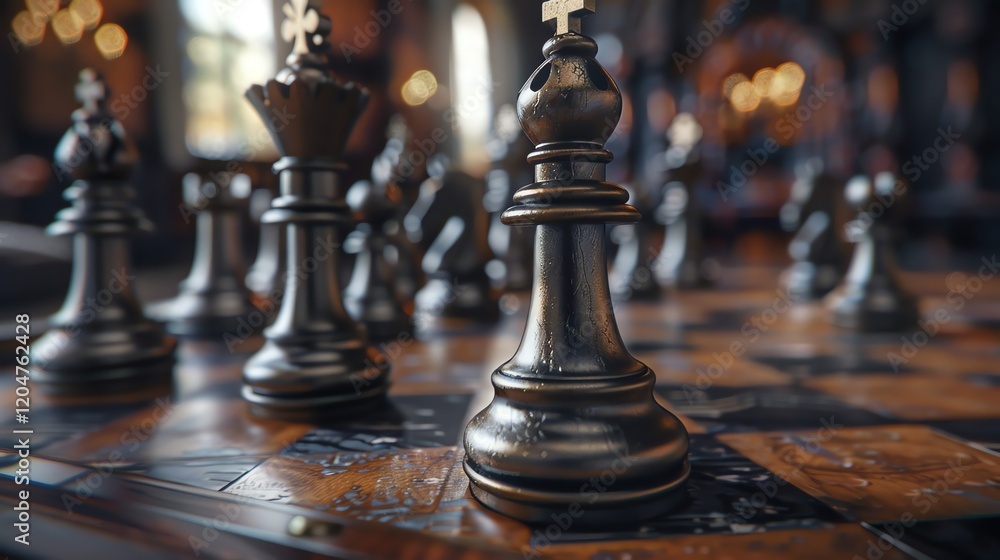 Aufkleber 3d rendering of a chessboard with black pieces. the focus is on the bishop in the front. the backgro