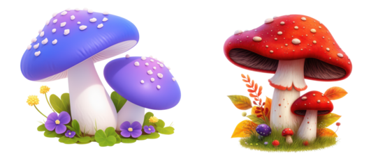 Cute Cartoon Mushrooms Fairy Tale Fungi Autumn Spring Nature Illustration on transparent background