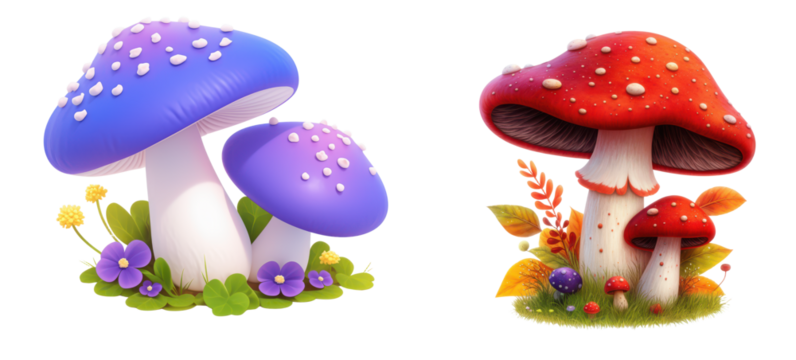 Cute Cartoon Mushrooms Fairy Tale Fungi Autumn Spring Nature Illustration on transparent background - Powered by Adobe