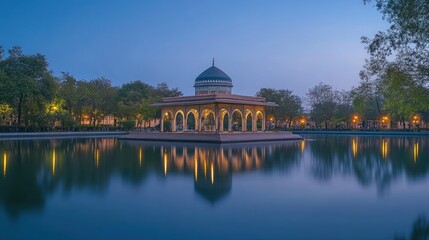 Obraz premium Serene Evening at the Pavilion: A Breathtaking Reflection