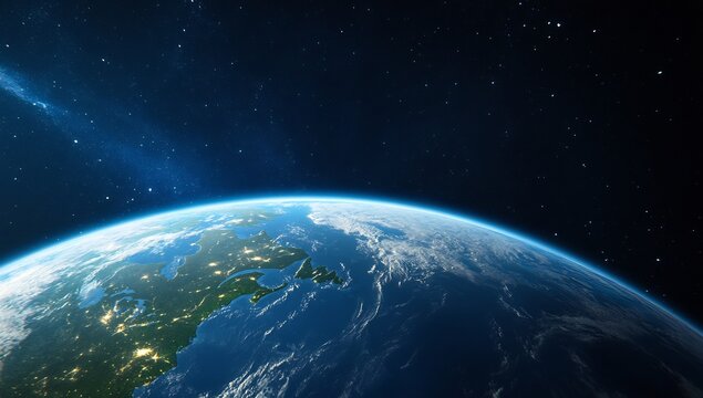 Earth's curve, night lights, space view, background stars, planetary science