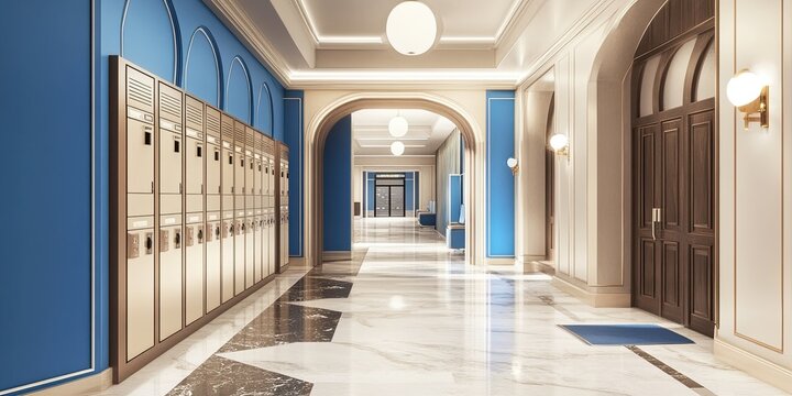 Elegant Hallway with Lockers and Marble Flooring