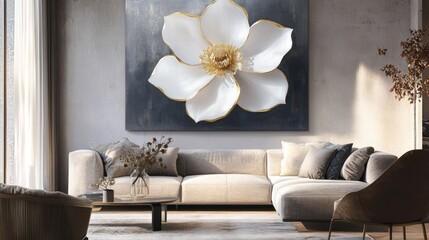 Modern living room with large flower art piece