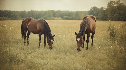 Obraz premium Two Horses Grazing in a Field