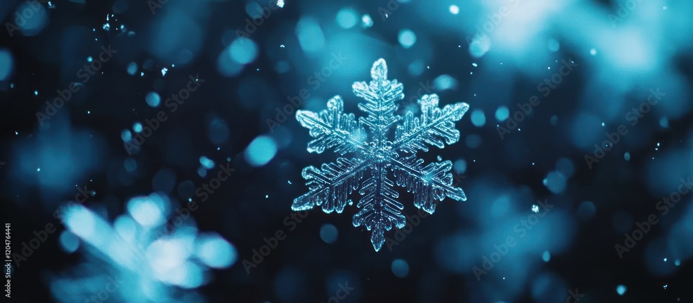 Aufkleber macro shot of a single snowflake falling against a bokeh background.