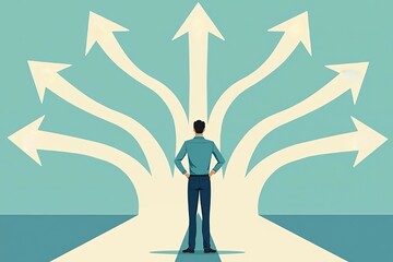 A vector illustration of a professional standing at a forked road with various directional arrows, representing difficult decision-making moments.