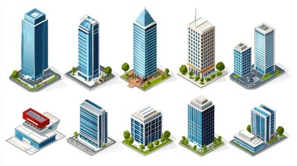Obraz premium A collection of isometric skyscraper structures showcasing modern business offices.