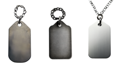 Blank Metal Dog Tags Brushed Silver Antique Chain Mockup on transparent background