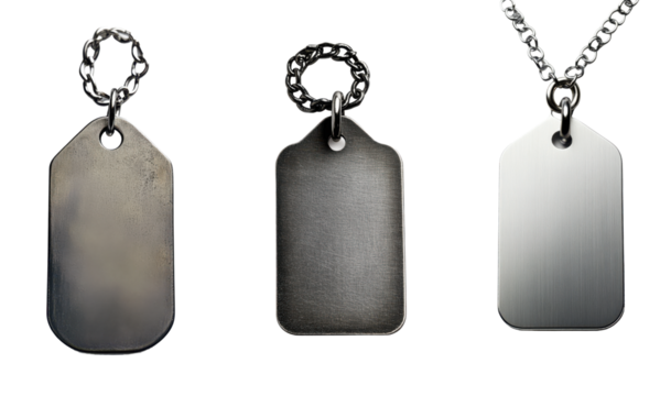 Blank Metal Dog Tags Brushed Silver Antique Chain Mockup on transparent background
