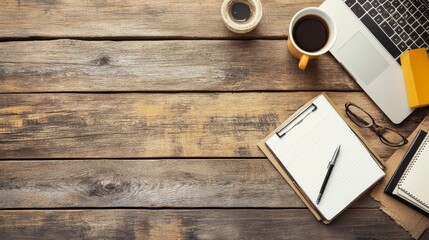 A wooden desk with a laptop, a cup of coffee, a pen, and a notebook