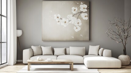 White couch sits in a gray room, white flower painting, window, vase. Use interiors