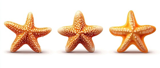 Three Orange Starfish on White Background