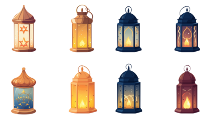 Set of eight illuminated lanterns diverse styles and colors perfect for Ramadan festive decor and magical atmosphere creation