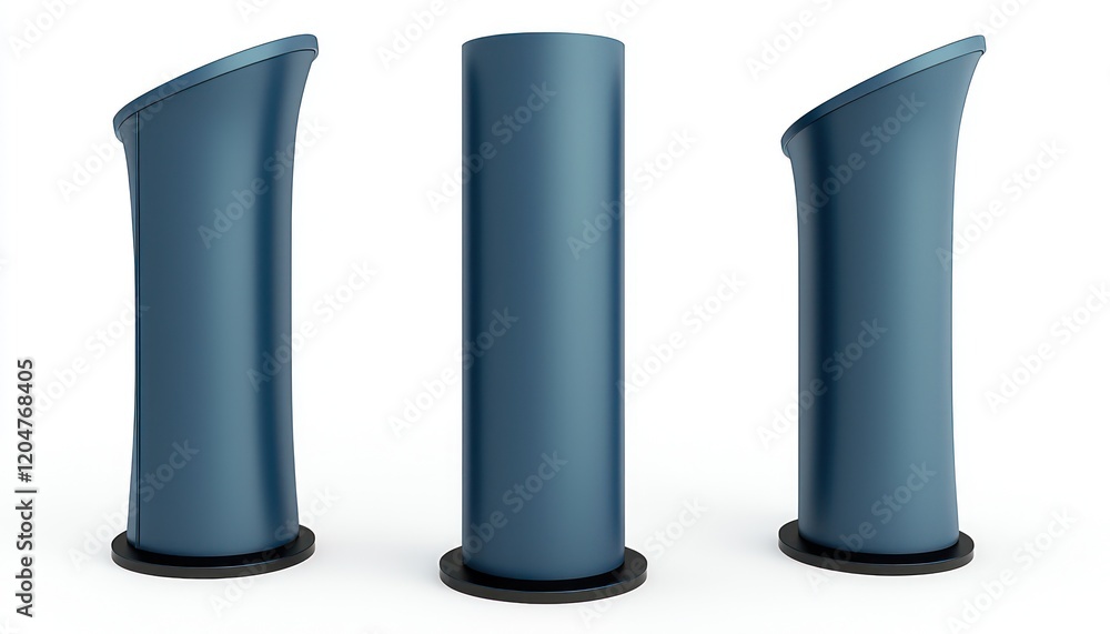 Poster high-detail render of a matte blue curved vertical stand from three different angles.