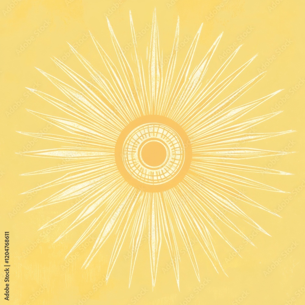 Fototapete bright yellow sunburst design featuring intricate rays radiating from a central circle in artistic s