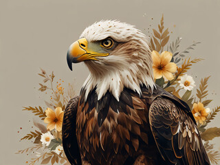 Obraz premium The eagle and yellow flowers are central in this illustration.
