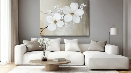 White floral canvas art displayed in modern living room