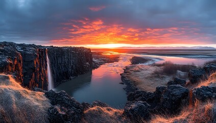 Fototapeta premium Icelandic Waterfall Sunset Dramatic Landscape Scene