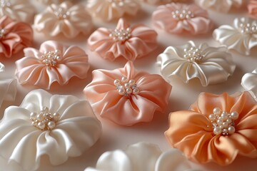 Elegant Hair Accessories Silk Scrunchies Pearl Hairpins on White Background Modern Style