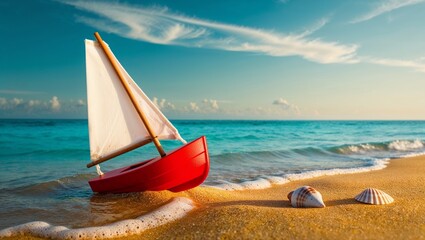 A vibrant toy sailboat rests on the sandy beach near the ocean.