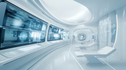 High-tech sci-fi medical facility futuristic interior design in wide angle view