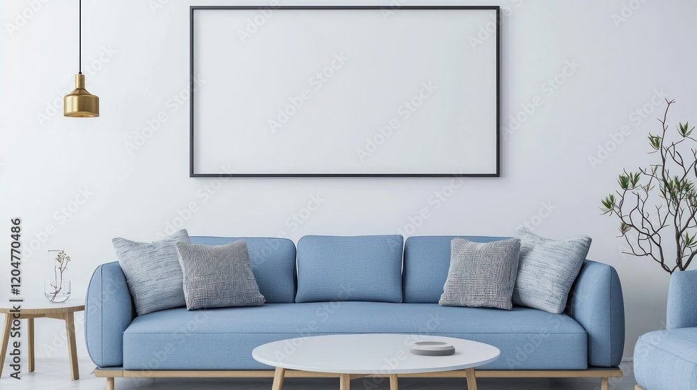 Aufkleber scandinavian-design room with blue sofa and empty frame above a round coffee table.