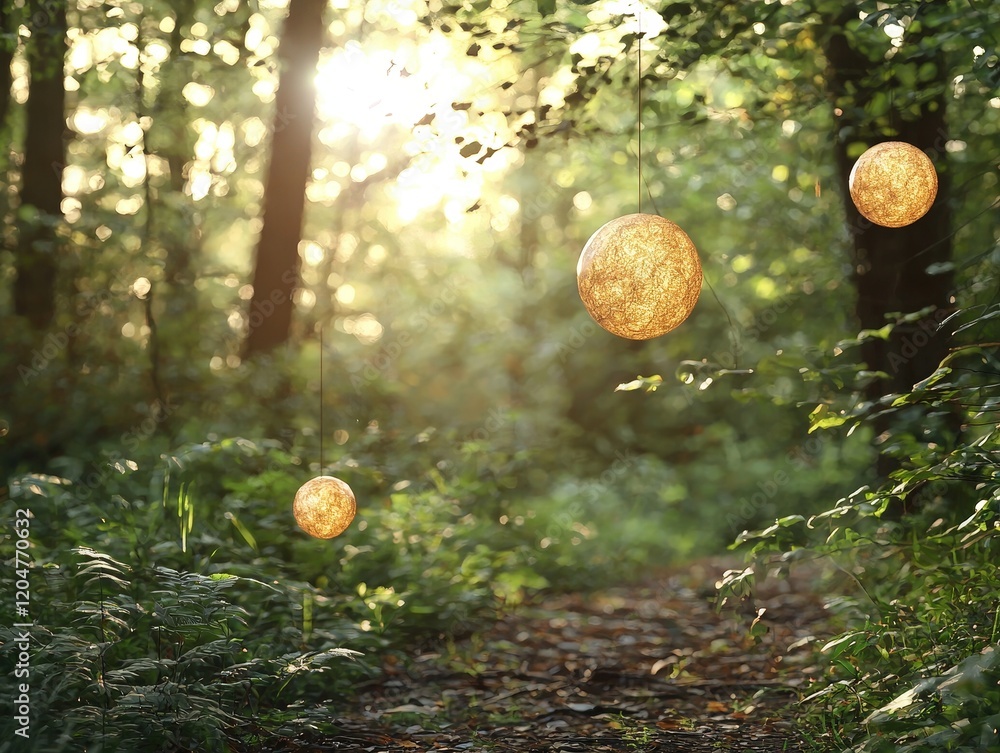 Poster ethereal forest path with soft glowing orbs hanging in sunlit greenery, creating a magical atmospher