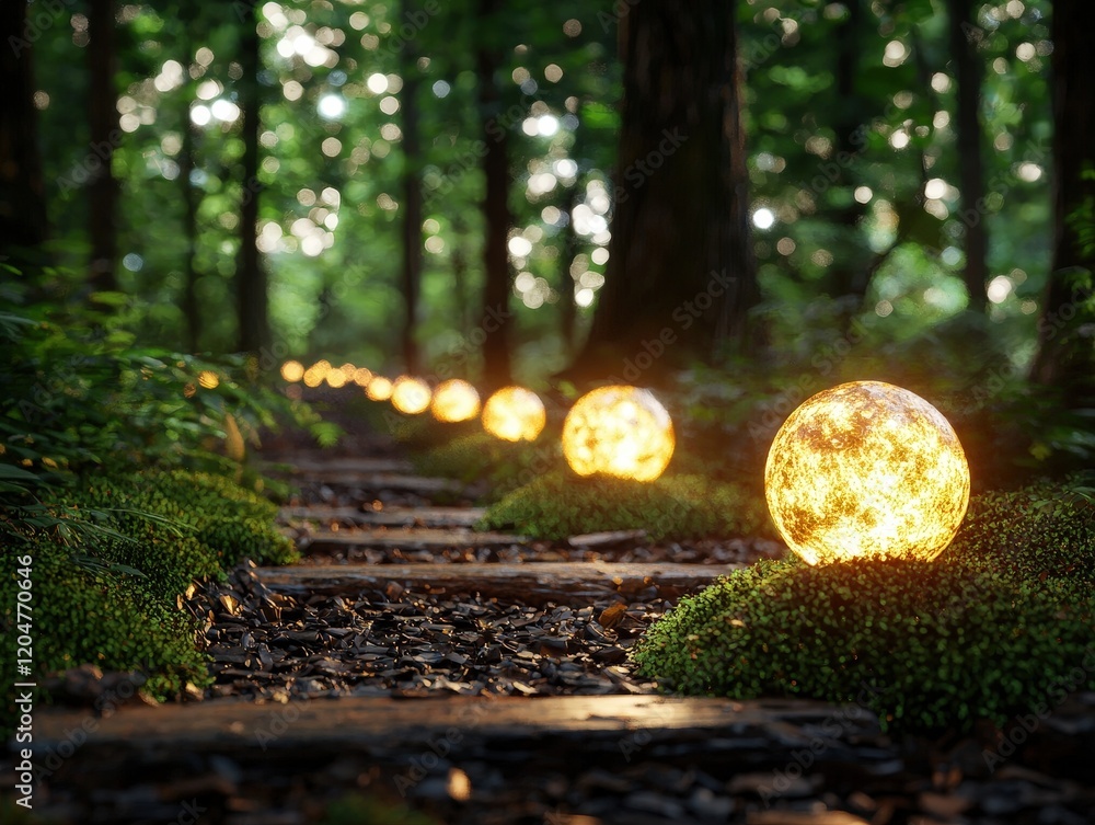 Poster magical glowing orbs illuminating a forest path with lush greenery and serene ambiance in a dreamy n