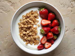 White ceramic bowl of yogurt topped with granola and fresh strawberries, placed on a textured beige surface under natural light.