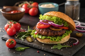 hamburger with beef meat burger and fresh vegetabl.