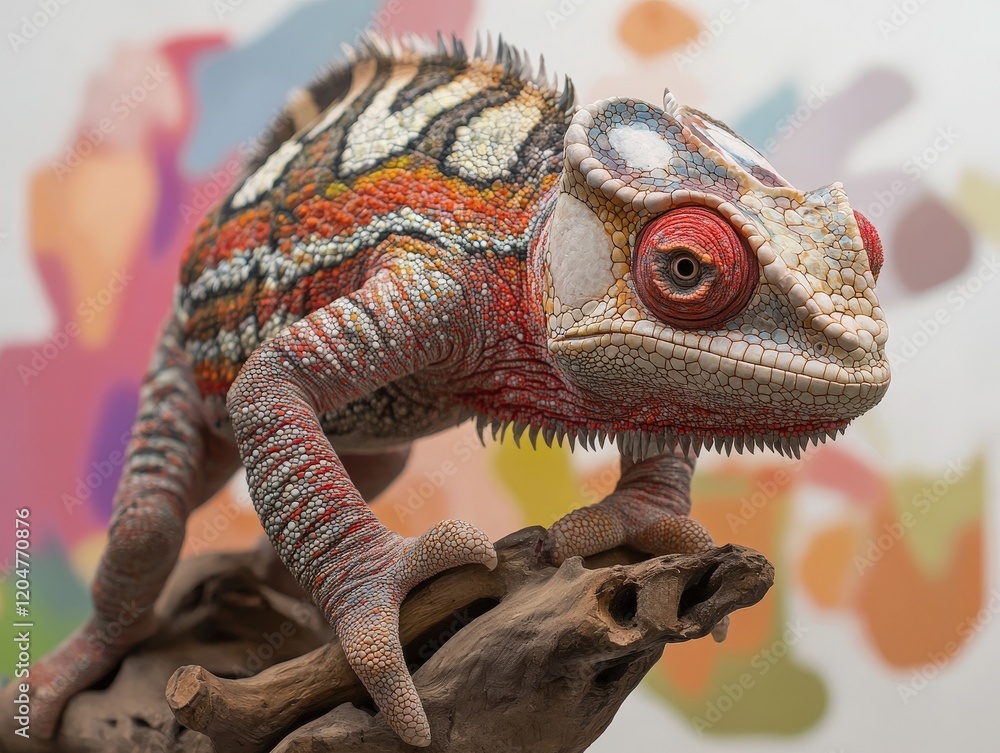 Poster colorful chameleon with vibrant patterns displaying unique texture on natural driftwood against abst