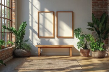 Fototapeta premium Minimalist Dark Walnut Wood Frame Mockup for Modern Interior Design Bright Gallery Wall Display with Empty Space