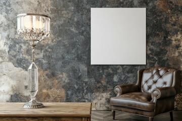 Minimalist office space with a crystal lamp, leather armchair, and wooden table, blank poster on wall.