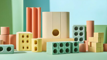 Pastel colored building blocks, creative arrangement.