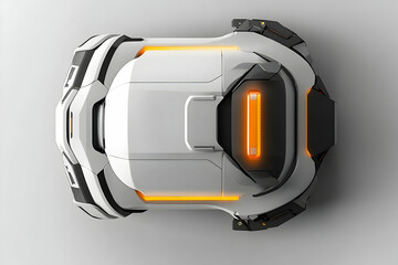Futuristic white robot, top view, orange light.