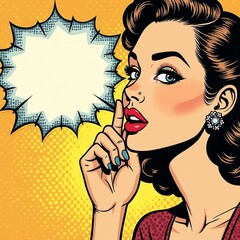 A chic French woman in pop art style whispering with burst-shaped speech bubble blank space for text
