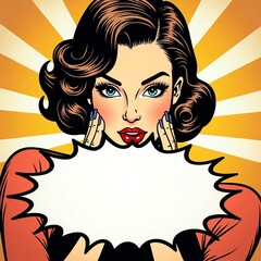 A chic German woman in pop art style whispering with burst-shaped speech bubble blank space for text