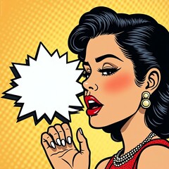 A chic Latina woman in pop art style whispering with burst-shaped speech bubble blank space for text