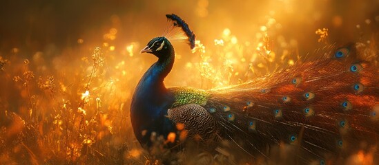 Majestic peacock in a golden field at sunset. © adiba