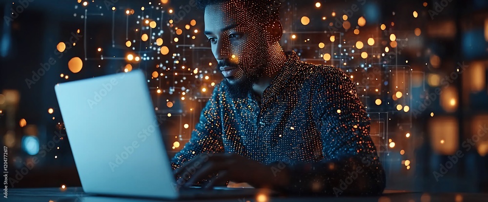 Poster Man using laptop with glowing data particles.